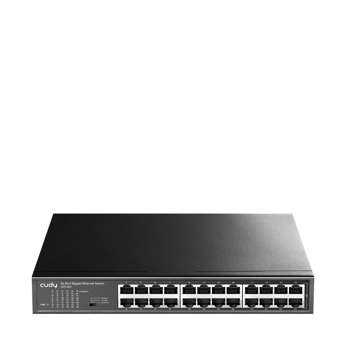 Image of the Cudy 24-Port Rack-Mount Gigabit Switch, showcasing its front panel with multiple Ethernet ports.