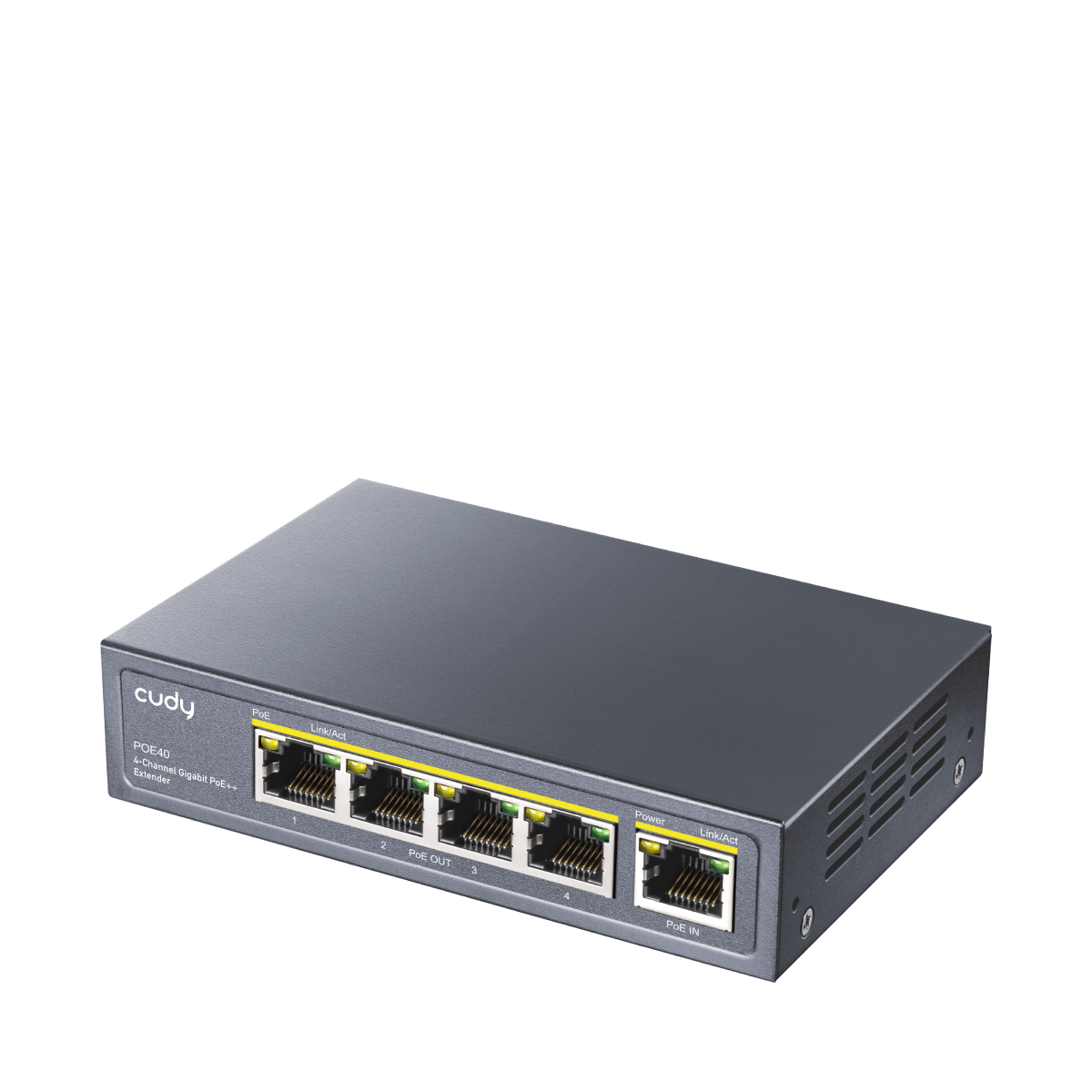 Cudy 4-Port Gigabit PoE Switch with 60W power input, showcasing its sleek design and multiple ports for power and data transmission.