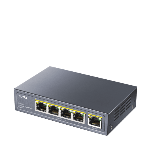 Cudy 4-Port Gigabit PoE Switch with 60W power input, showcasing its sleek design and multiple ports for power and data transmission.