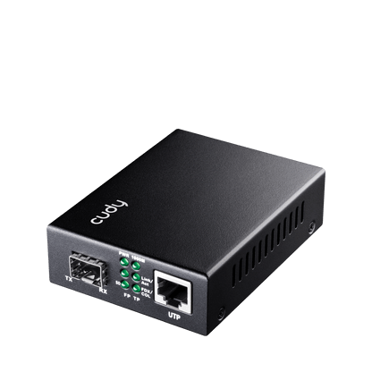 Cudy Gigabit SFP to RJ45 Ethernet Module shown in a clear view, highlighting its design and ports.