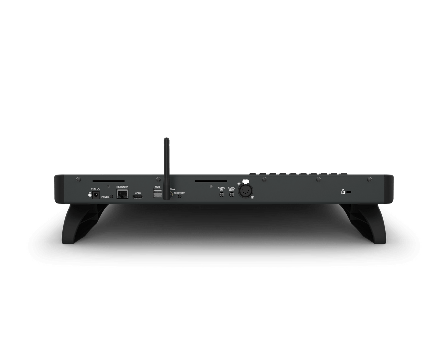 Back view of the Chamsys QuickQ 10 compact control console designed for dimmers, LEDs, and moving lights.