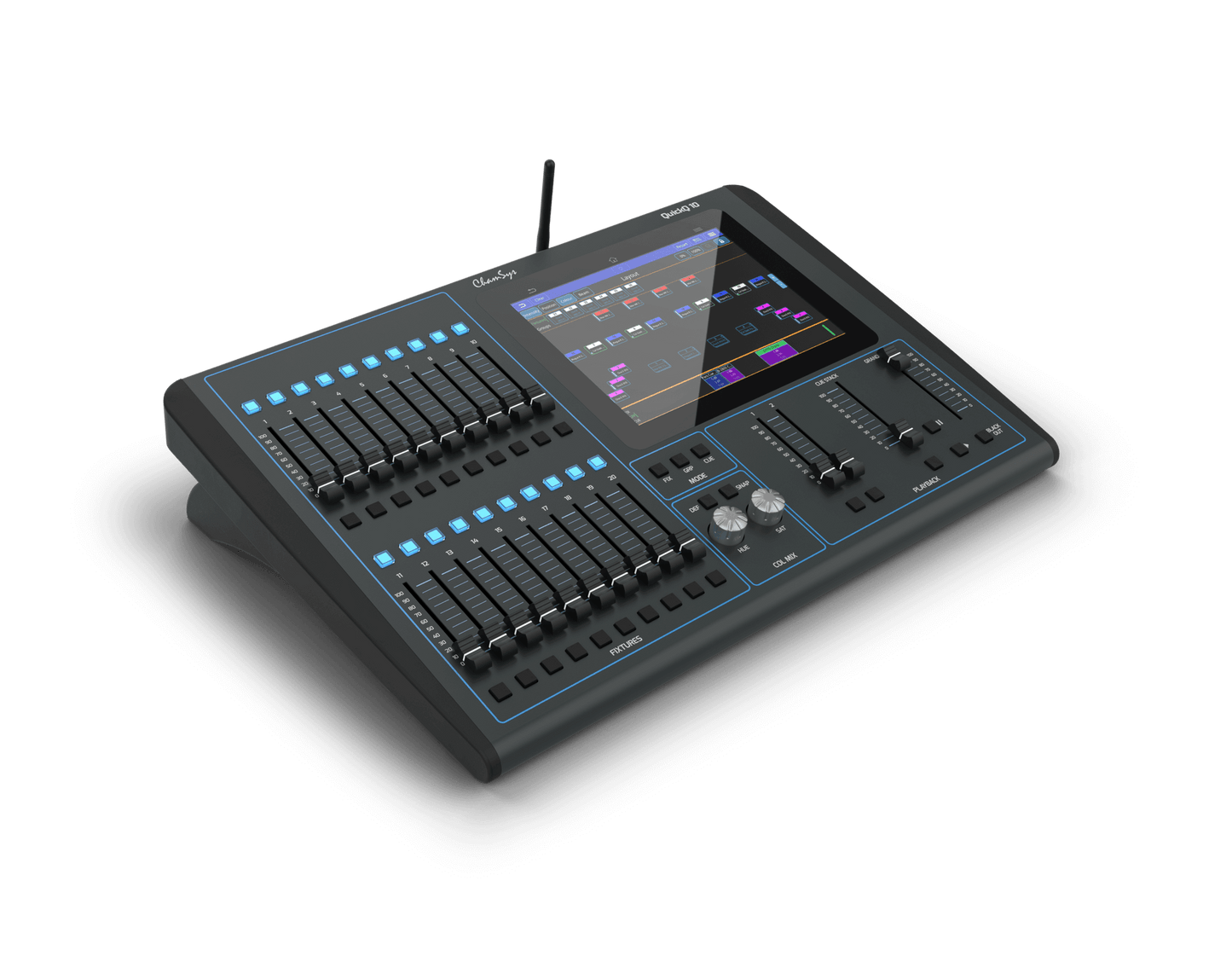 Chamsys QuickQ 10 control console designed for dimmers, LEDs, and moving lights, displayed from the right side.