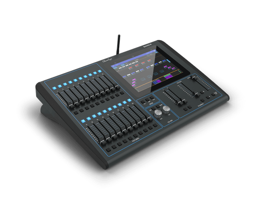 Chamsys QuickQ 10 control console designed for dimmers, LEDs, and moving lights, displayed from the right side.