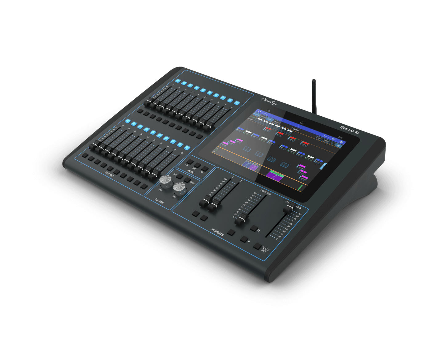 Chamsys QuickQ 10 control console designed for dimmers, LEDs, and moving lights, shown from the left side.