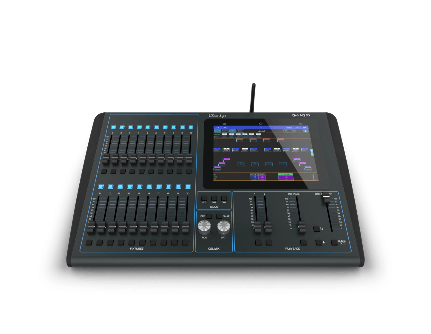 Chamsys QuickQ 10 control console designed for dimmers, LEDs, and moving lights, showcasing its front view.
