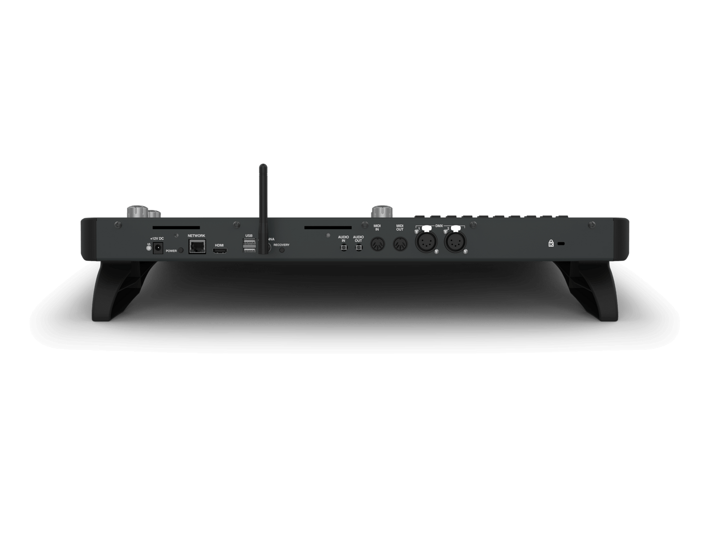 Back view of the Chamsys QuickQ 20 compact control console designed for controlling dimmers, LEDs, and moving lights.