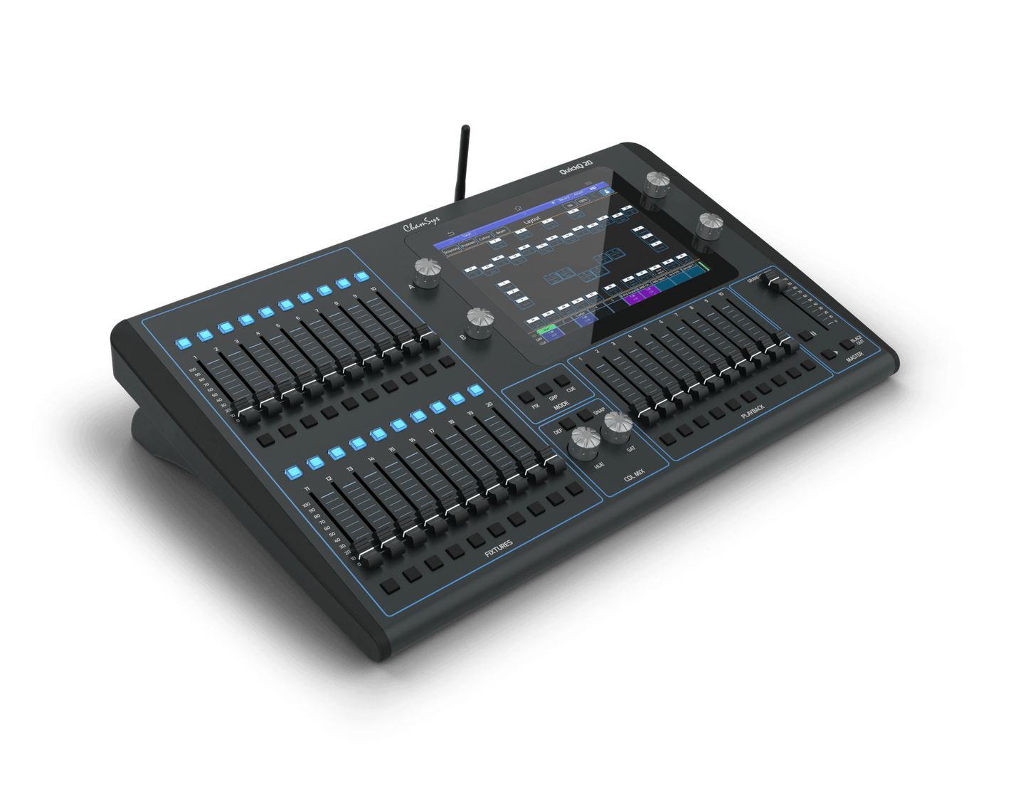Chamsys QuickQ 20 control console designed for dimmers, LEDs, and moving lights.
