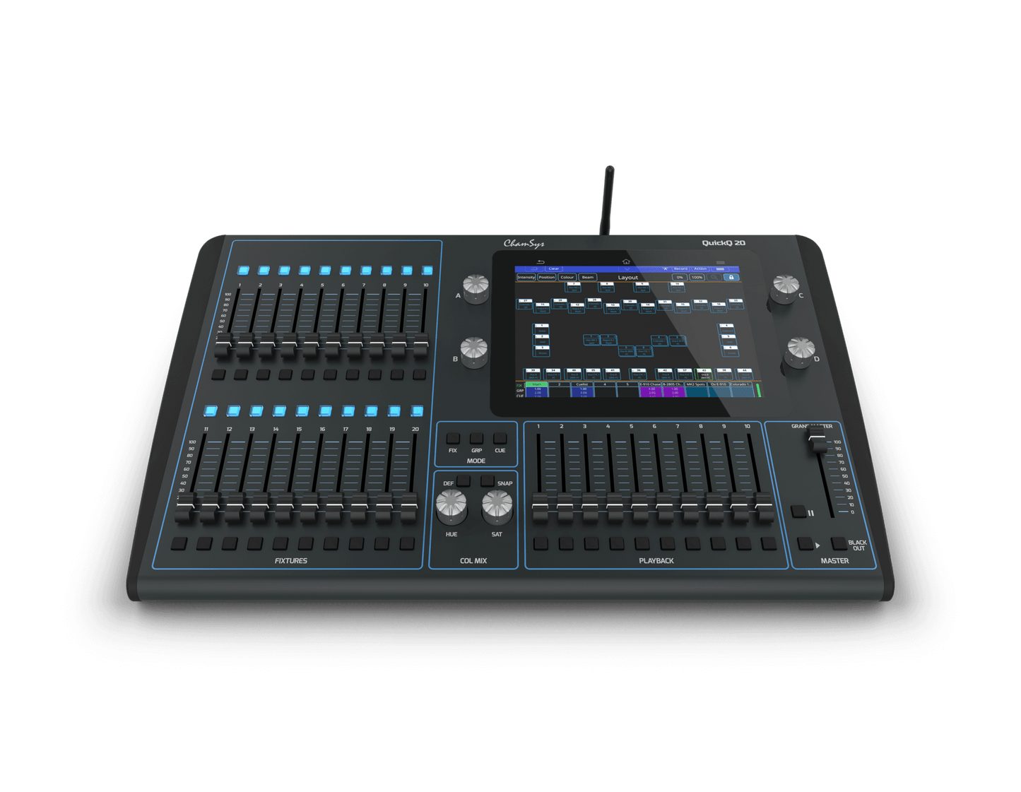 Chamsys QuickQ 20 control console designed for dimmers, LEDs, and moving lights, showcasing the front view of the device.