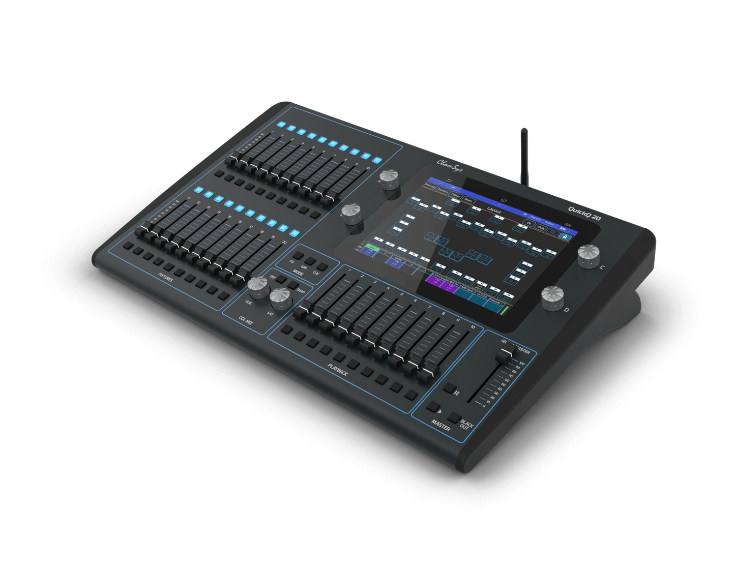 Chamsys QuickQ 20 compact control console designed for dimmers, LEDs, and moving lights, shown from the left side.
