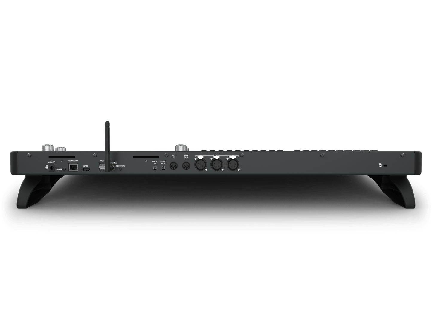Back view of the Chamsys QuickQ 30 compact control console designed for dimmers, LEDs, and moving lights.