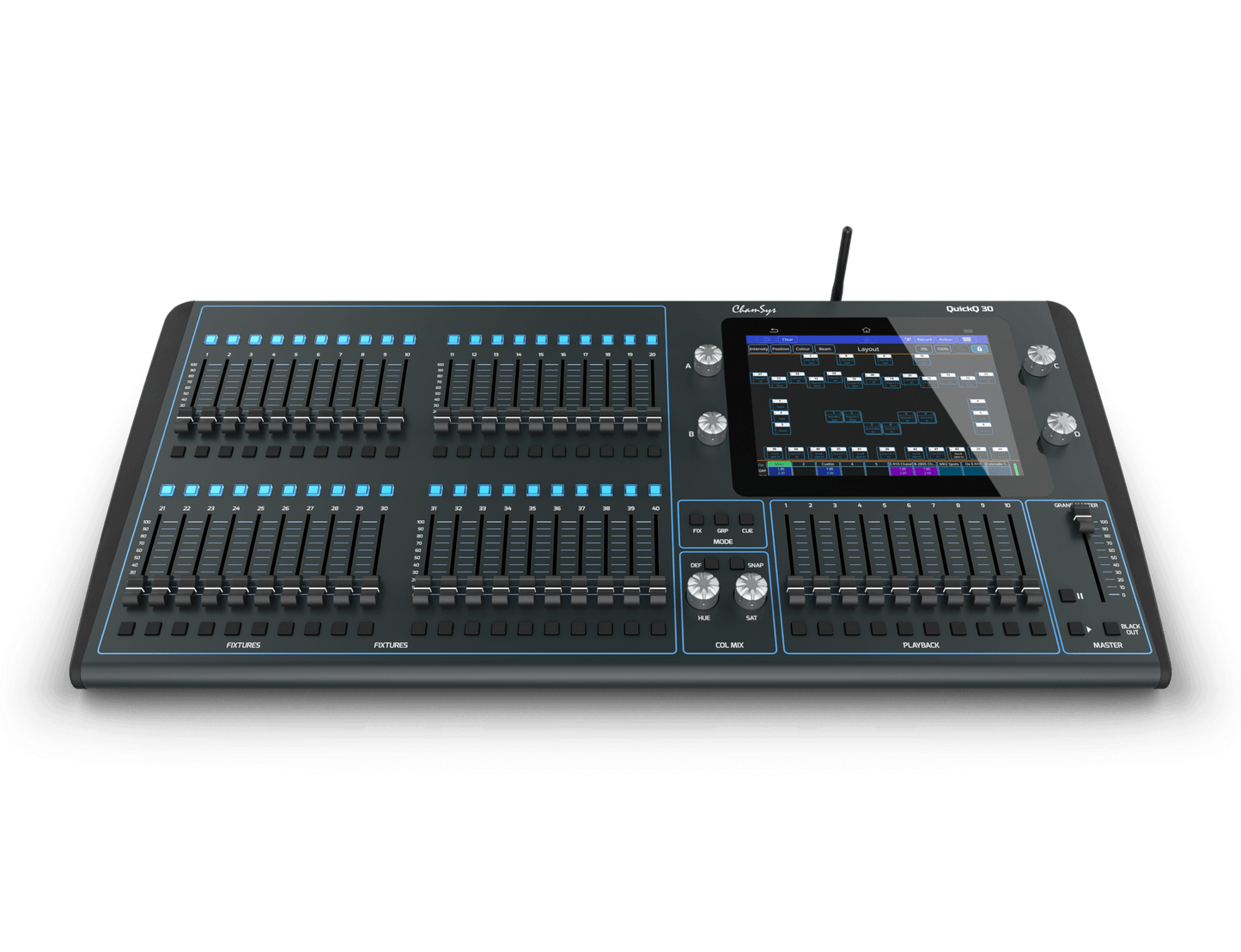 Chamsys QuickQ 30 compact control console designed for controlling dimmers, LEDs, and moving lights.
