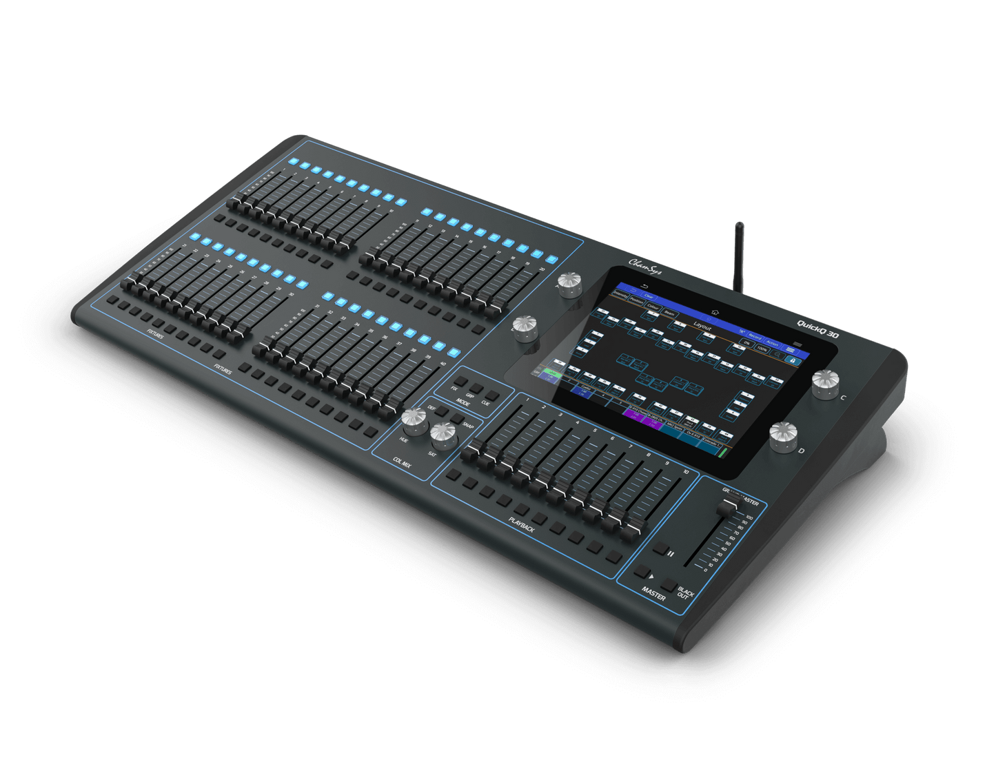 Chamsys QuickQ 30 control console designed for dimmers, LEDs, and moving lights, shown from the left side.