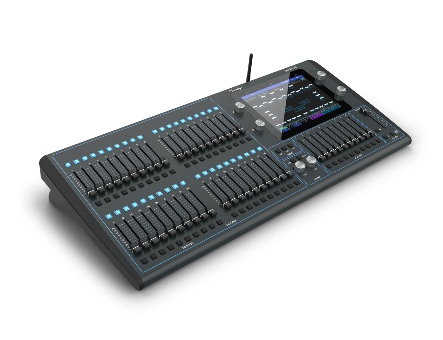 Chamsys QuickQ 30 control console designed for dimmers, LEDs, and moving lights, showcasing its compact design.