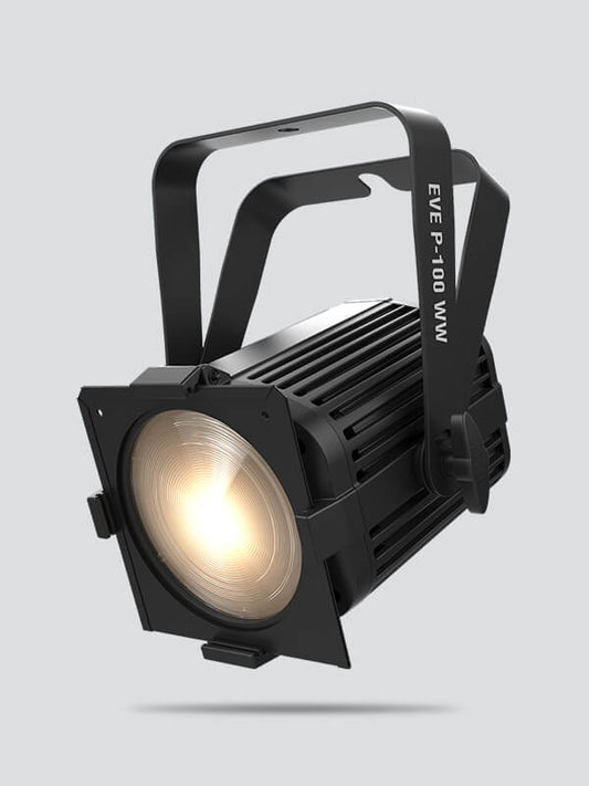 Chauvet DJ EVE P-100WW high-output warm white LED wash light with a gel frame, showcasing its design and features.
