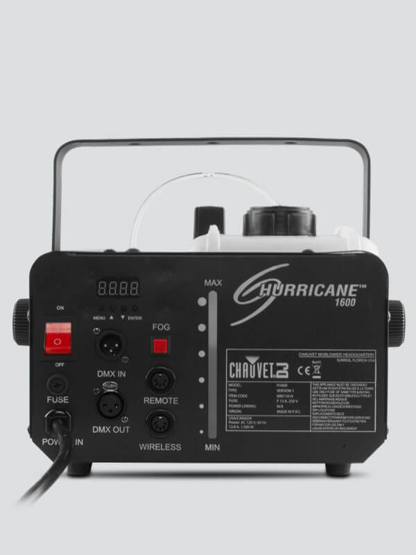 Back view of the Chauvet DJ Hurricane 1600 high-output fog machine with DMX control and FCT remote.