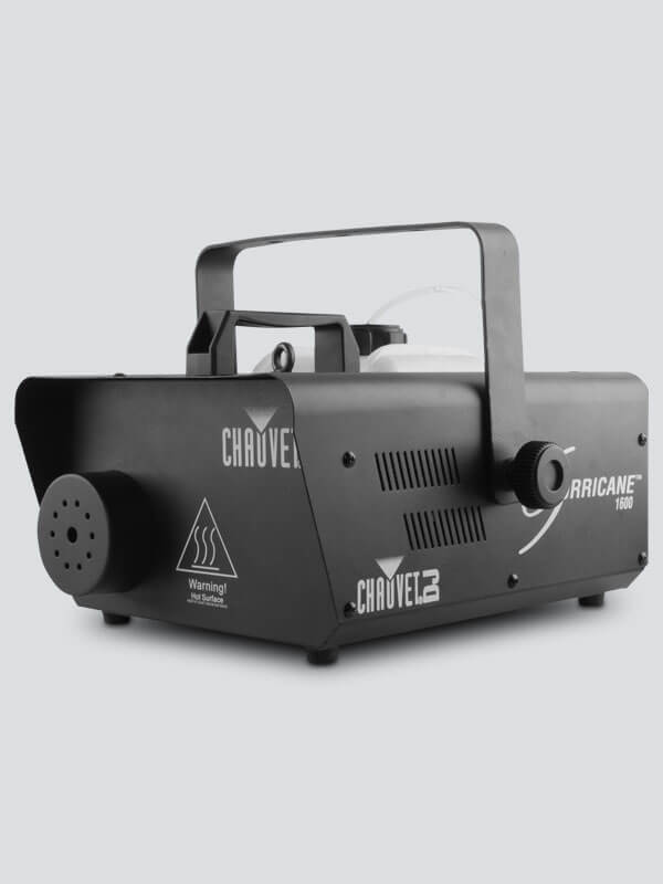 Chauvet DJ Hurricane 1600 high-output fog machine with DMX control and FCT remote, showcasing its design and features.