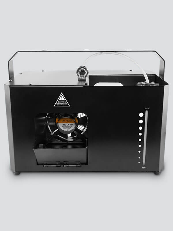 Chauvet DJ Hurricane Haze 4D haze machine with adjustable output and timer remote, showcasing its front view.