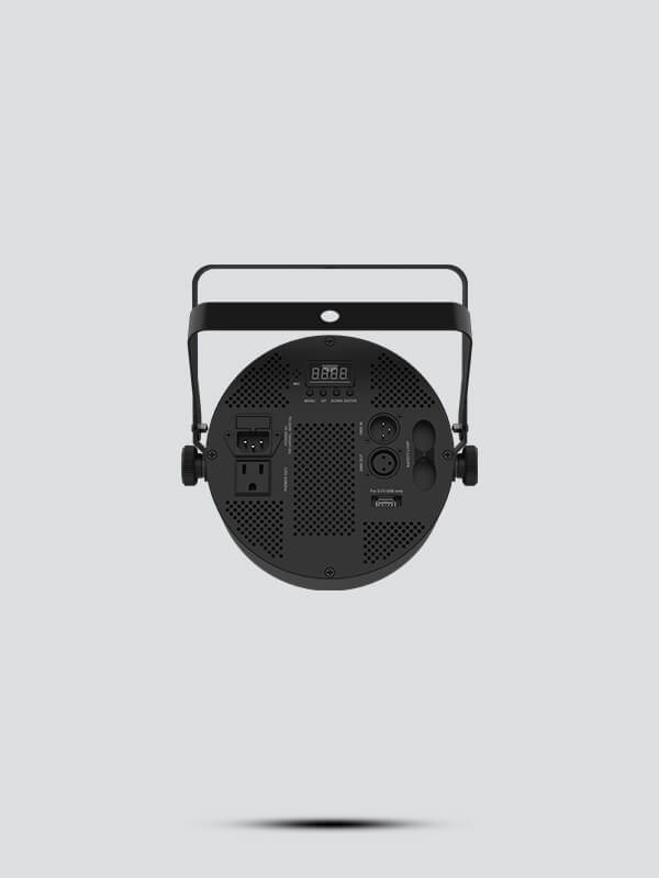 Back view of the Chauvet DJ SlimPAR Q12 BT, a low-profile RGBA LED par light featuring Bluetooth and IRC compatibility.