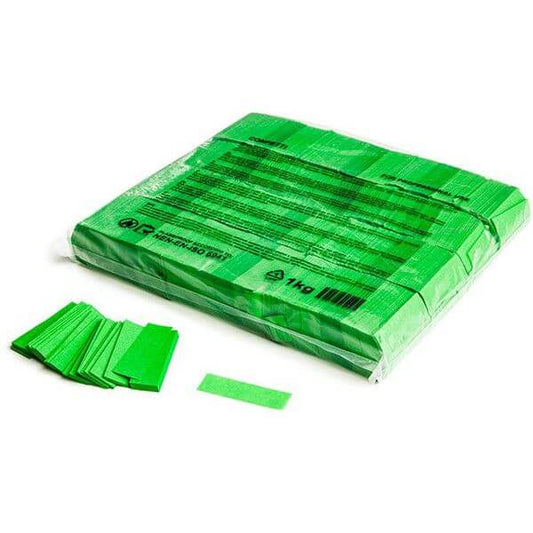 Image of MAGICFX Slowfall Confetti Rectangles in light green color, measuring 55x17mm, available in bulk packaging of 1kg.