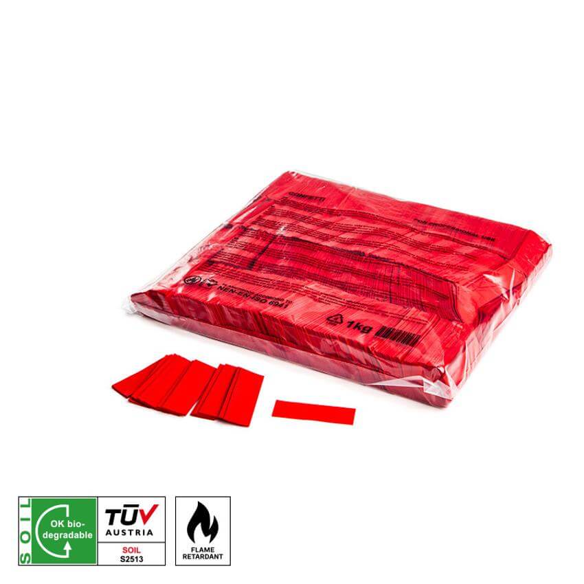 MAGICFX Slowfall Confetti Rectangles in red, measuring 55x17mm, biodegradable and flameproof, packaged in a 1kg bulk bag.