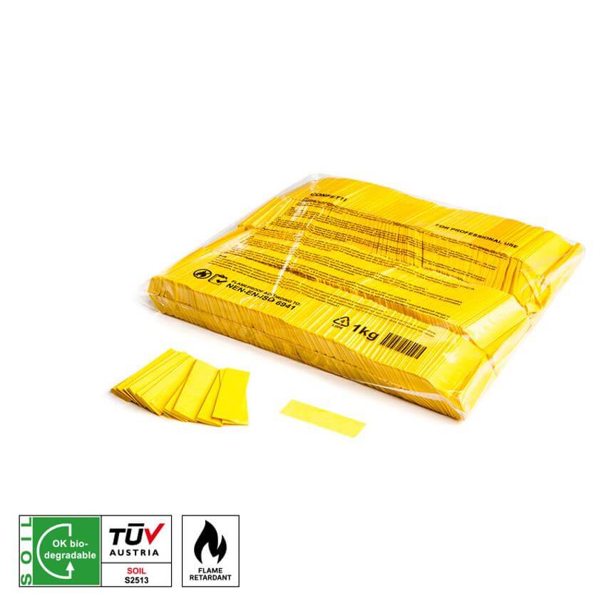 A bag of yellow MagicFX Slowfall Confetti Rectangles measuring 55x17mm, weighing 1kg.