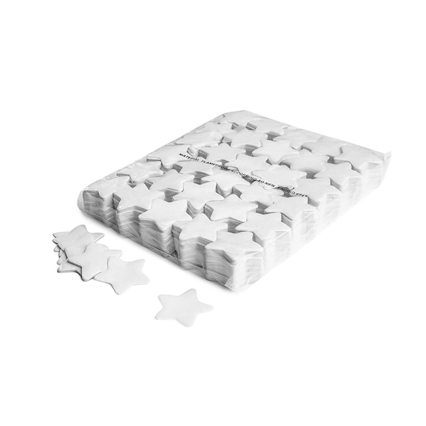 MAGICFX Slowfall Confetti Stars in white color, made from biodegradable flame retardant tissue paper, displayed in a circular shape.