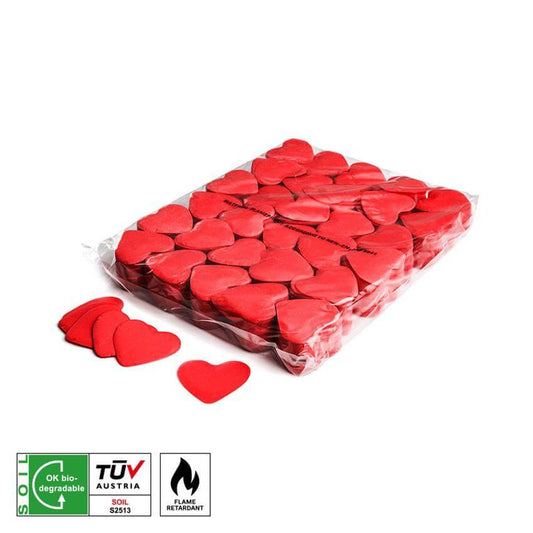 Red biodegradable and flame retardant confetti hearts, 55mm in diameter, designed for slow fall effects.