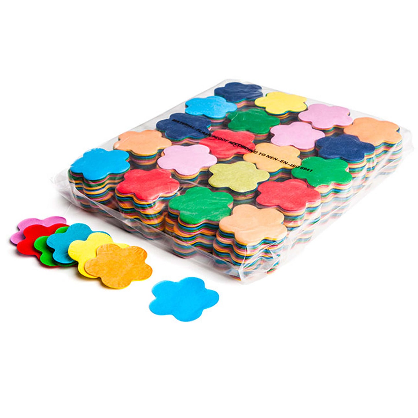 MAGICFX Slowfall Confetti Flowers in multicolour, 55MM diameter, biodegradable and flame retardant, displayed in an attractive arrangement.