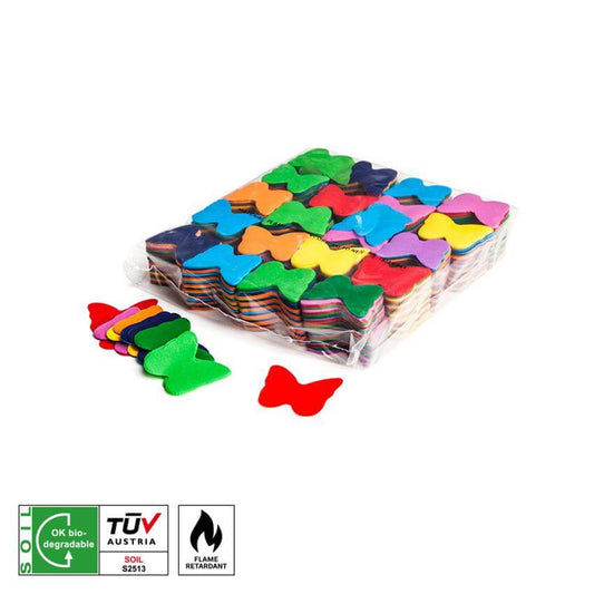 A collection of multicoloured biodegradable and flameproof confetti butterflies, each 55mm in diameter, designed to slowly fall during celebrations.