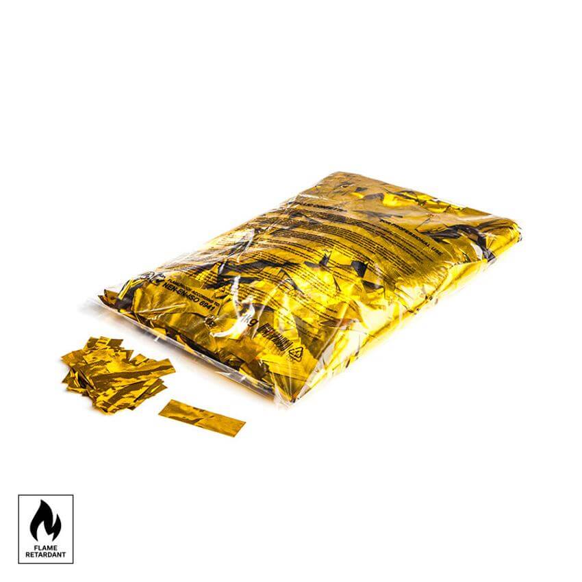 High-quality flame retardant gold metallic confetti rectangles measuring 55x17mm, ideal for events.