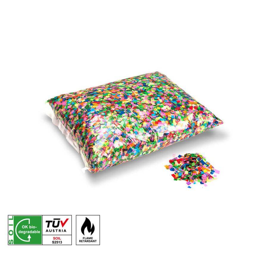 Biodegradable multicolour confetti in 6x6mm pieces, designed for professional use, displayed in a vibrant and festive arrangement.