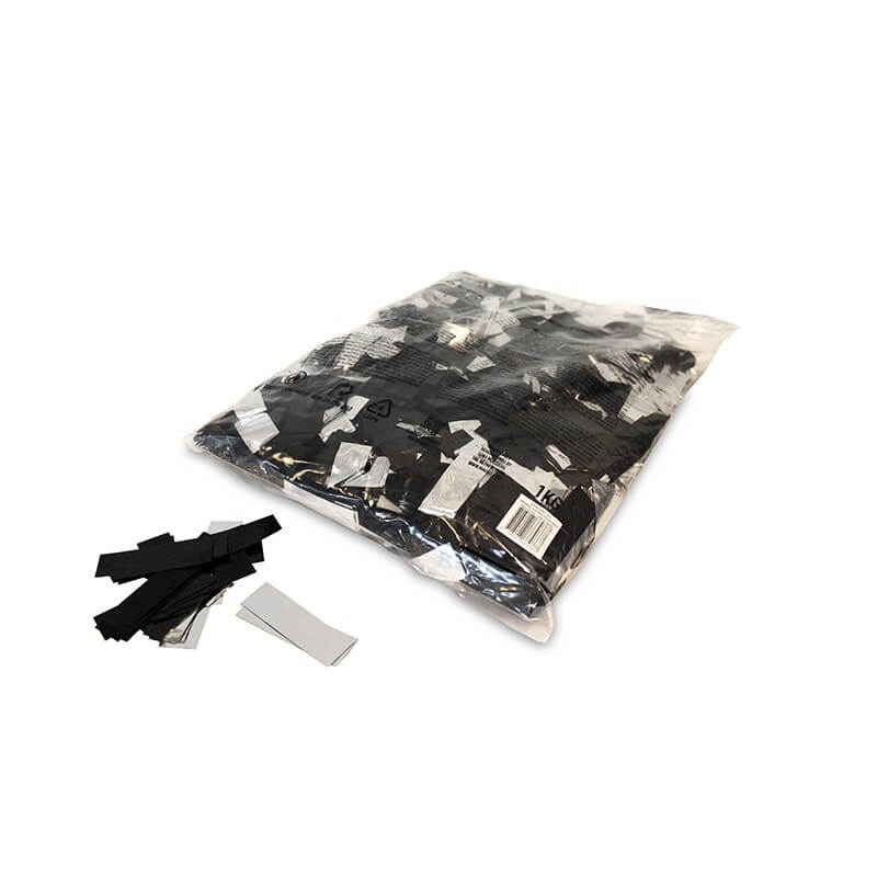MAGICFX Metallic Confetti Rectangles in Bi-Colour Black and Silver, measuring 55x17mm, flame retardant, ideal for events.