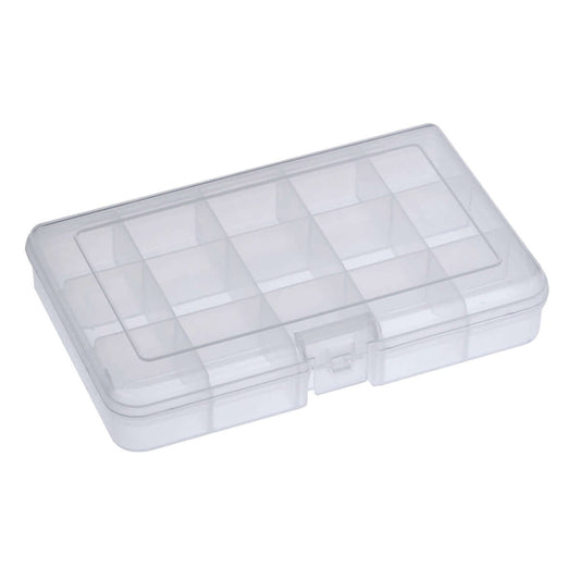 Transparent polypropylene organiser box with 15 compartments, designed for small parts storage.