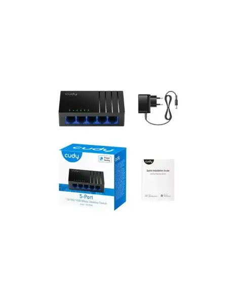 Cudy 5-Port Gigabit Desktop Switch GS105D, a compact network switch with five Ethernet ports for high-speed connectivity.