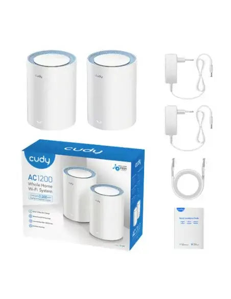 Cudy M1200 Dual Band 1200Mbps WiFi 5 Mesh Router 2-Pack, showcasing the product design and features.
