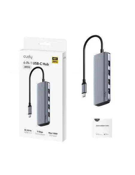 Cudy 6-in-1 4K USB-C HDMI Hub model UH500, showcasing its multiple connectivity options.