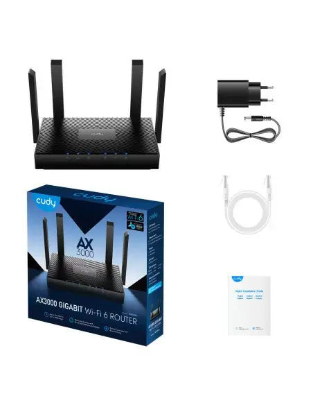 Cudy WR3000 Dual Band WiFi 6 Router with a maximum speed of 3000Mbps, featuring a sleek design suitable for high-performance internet connectivity.