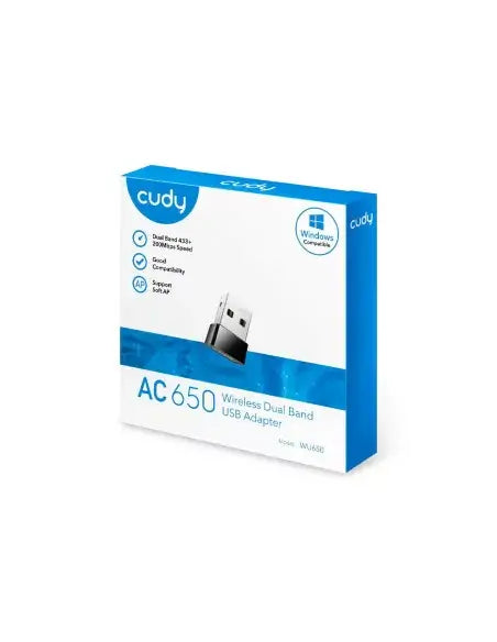 Cudy WU650 Dual Band WiFi 5 Nano USB Adapter with a sleek design for improved wireless connectivity.
