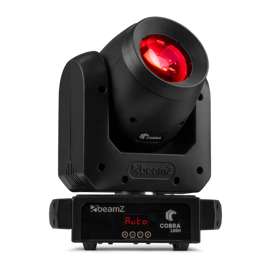 Front view of the Cobra 100H LED Beam Moving Head - 7 gobos, 7 colors, high-intensity LED, rotatable 6-facet prism in Red.