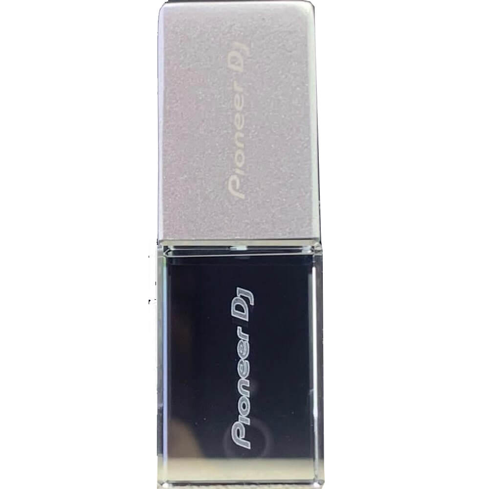 Pioneer Crystal USB 32GB USB 3.0 Flash Drive featuring a blue LED light and Pioneer DJ logo.