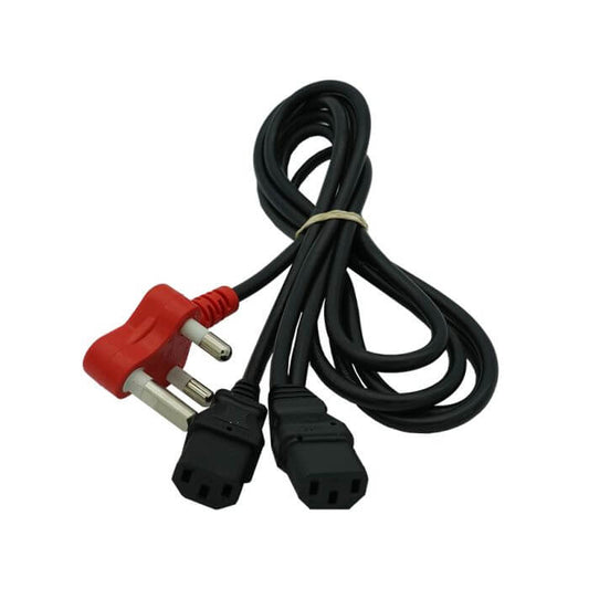 Image of an IEC power cable featuring a dedicated 2 way connector.