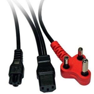Image of an IEC power cable featuring a dedicated 2 way connector with a 3 pin power plug, clover connector, and IEC connector.