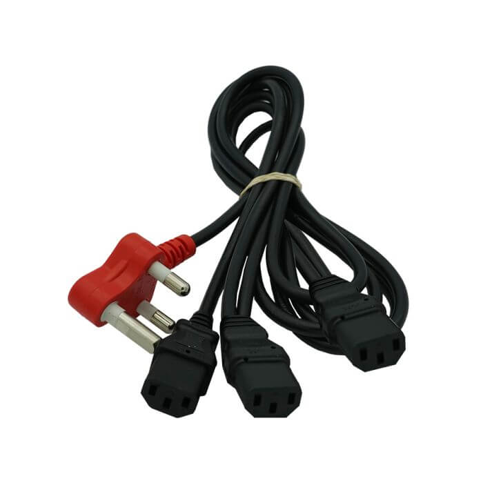 Image of an IEC power cable featuring a dedicated 3 way connector, showcasing its design and functionality.