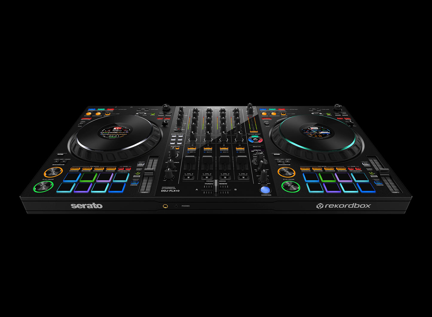 Pioneer DDJ-FLX10 4-Channel DJ Controller showcasing its front angle with track separation technology.