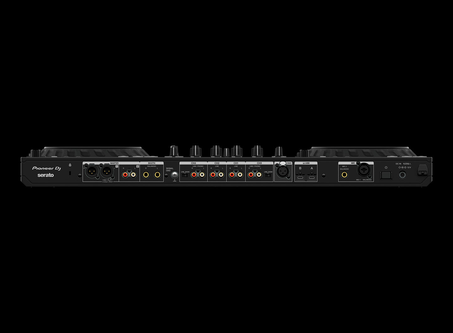 Rear view of the Pioneer DDJ-FLX10 4-Channel DJ Controller showcasing its track separation technology and connectivity options.