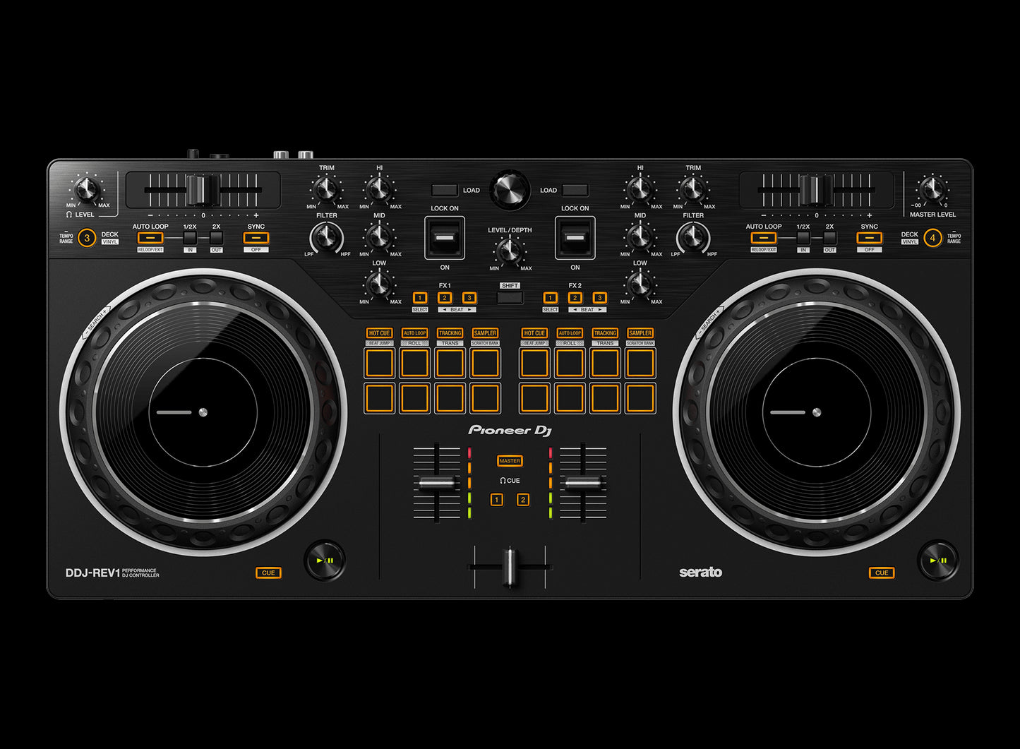 Pioneer DDJ-REV1 Battle-Style DJ Controller for Serato DJ Pro, featuring a top view of the controller with various knobs and pads.