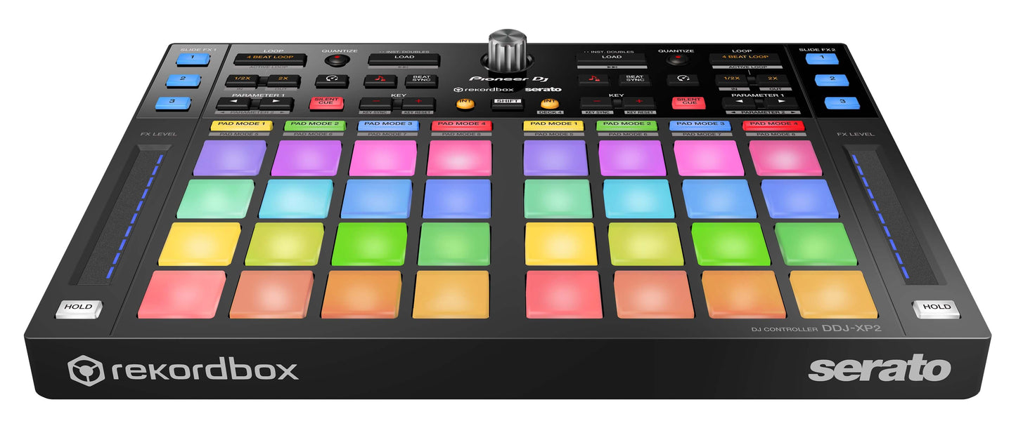 Front view of the Pioneer DDJ-XP2 add-on DJ controller designed for enhanced performance with Rekordbox and Serato.