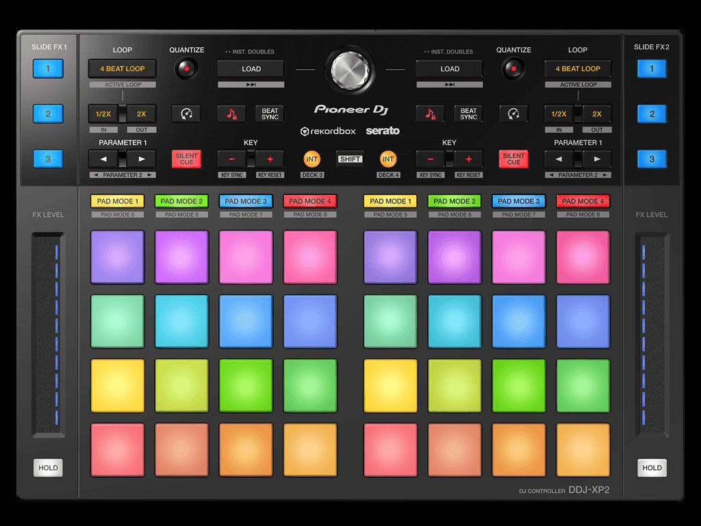 Pioneer DDJ-XP2 Add-On DJ Controller designed for enhanced performance with Rekordbox and Serato, featuring a sleek black design.