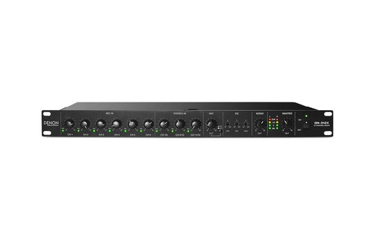 Denon DN-312X 12-channel line mixer featuring priority and HDHQ combination inputs.