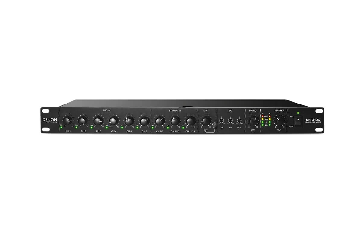 Denon DN-312X 12-Channel Line Mixer with Priority and HDHQ Combination Inputs, front view.